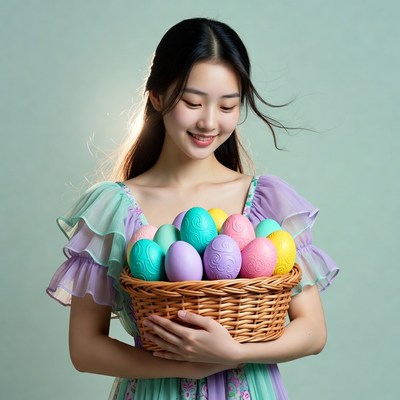 Asian woman holding Easter eggs