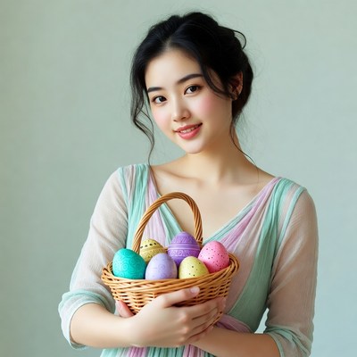Asian woman holding Easter eggs