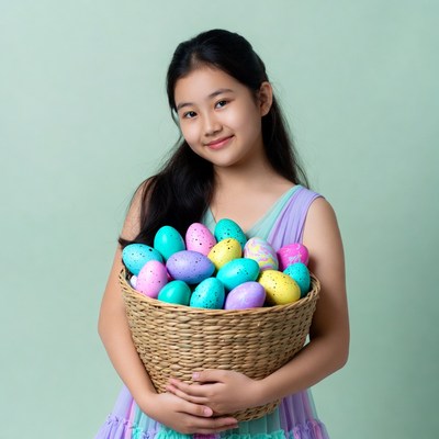Asian girl holding Easter eggs