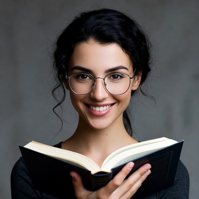 Smiling woman reading book with glasses