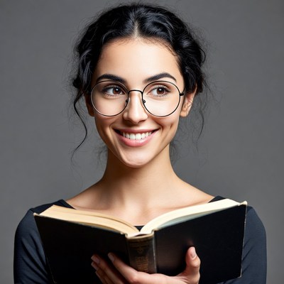 Smiling woman reading book with glasses