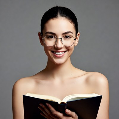 Smiling woman reading book topless