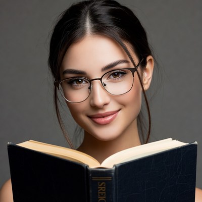 Woman reading book with glasses