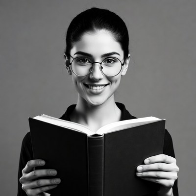 Woman reading book with glasses