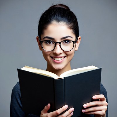 Young woman reading book with glasses