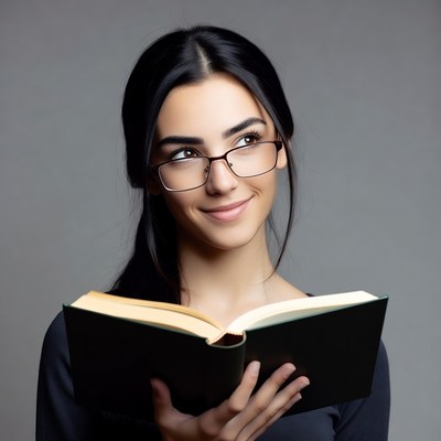 Young woman reading book with glasses