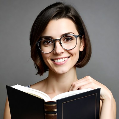 Smiling woman reading book with glasses