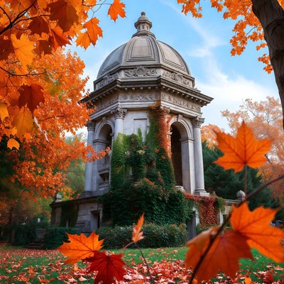 Stone Pavilion Surrounded by Autumn Leaves