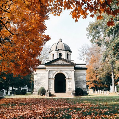 Mausoleum Framed by Autumn Trees