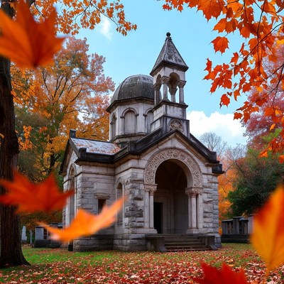 Stone Chapel Amid Autumn Foliage