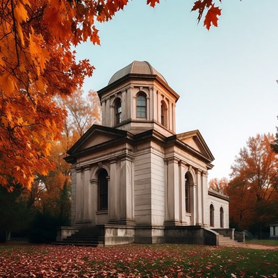 Neoclassical Mausoleum with Autumn Foliage