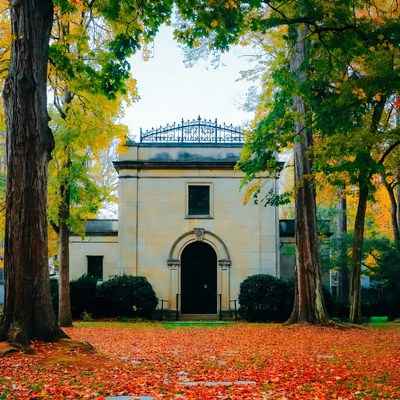 Stone Mausoleum Framed by Autumn Trees