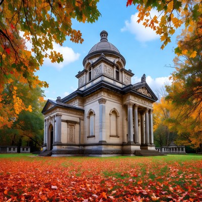 Classical Mausoleum in Autumn Foliage