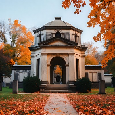 Historic Mausoleum Surrounded by Autumn Trees