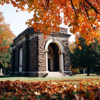 Stone Mausoleum with Autumn Foliage