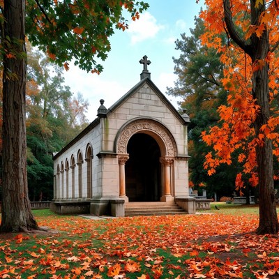 Stone Chapel in Autumn Forest