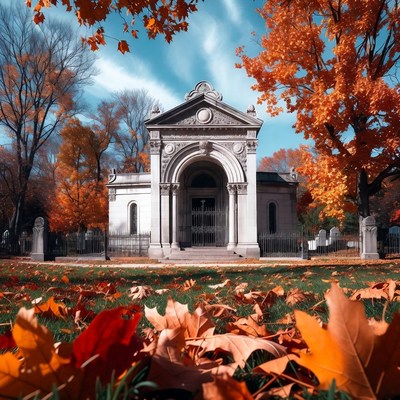 White Mausoleum in Autumn Cemetery