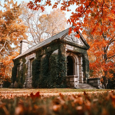 Ivy-Covered Stone Chapel in Autumn Forest
