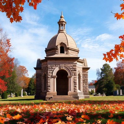 Stone Mausoleum in Autumn Cemetery