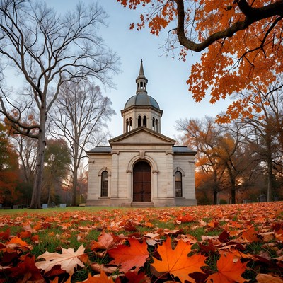 Stone Chapel in Autumn Fall Foliage