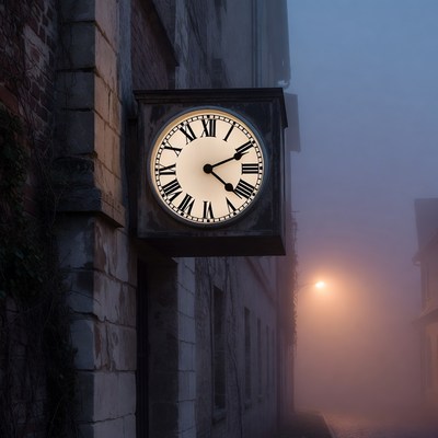 Vintage Clock on Foggy Brick Wall