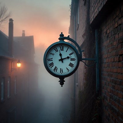 Vintage Clock on Misty Brick Wall