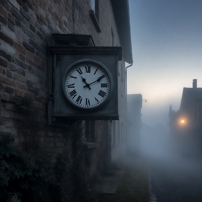 Old Clock on Brick Wall in Fog