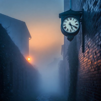Vintage Clock on Misty Brick Alley