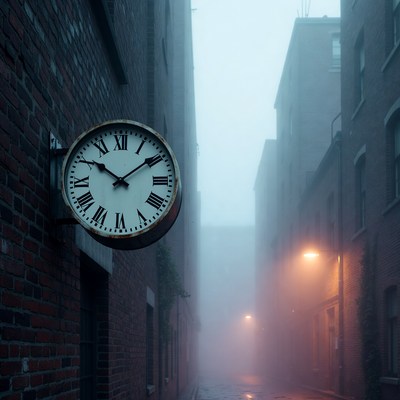Vintage Clock on Foggy Brick Alley