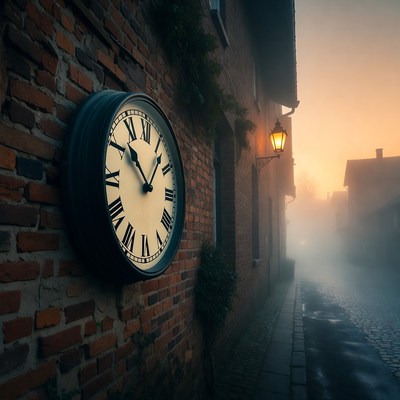 Vintage Clock on Foggy Brick Wall