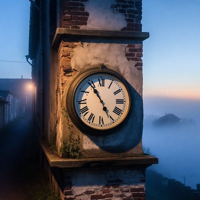 Old Clock on Brick Tower in Fog