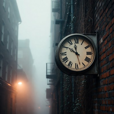 Vintage Clock on Foggy Brick Wall