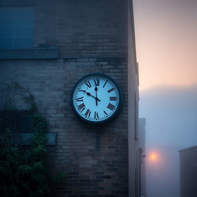 Clock on foggy brick wall