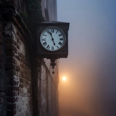 Old Clock on Foggy Brick Wall