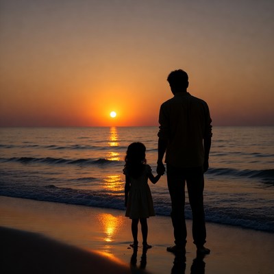Father and daughter holding hands at sunset beach