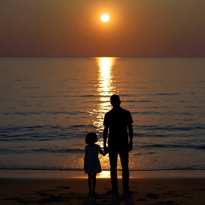 Father and daughter silhouettes at sunset beach