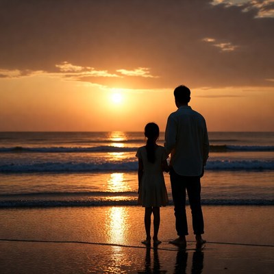 Father and daughter at sunset beach