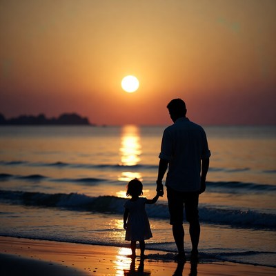 Father and daughter silhouette at sunset beach