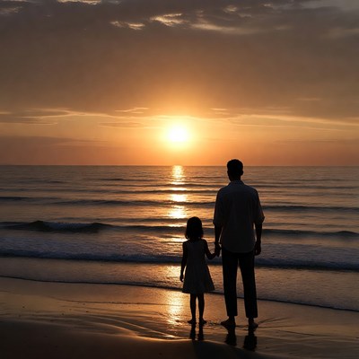 Silhouette father daughter sunset beach