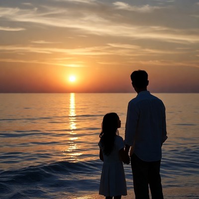 Father and daughter at sunset beach