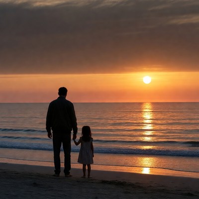 Father and daughter at sunset beach