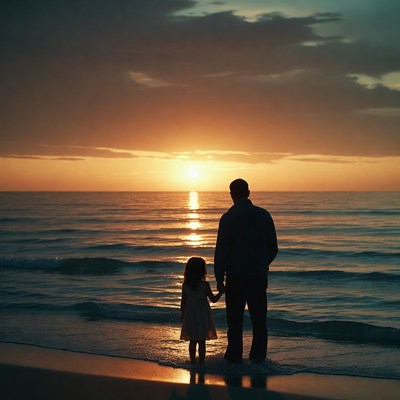 Father and daughter at sunset beach