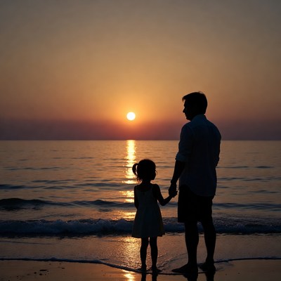Father and daughter silhouette at sunset beach