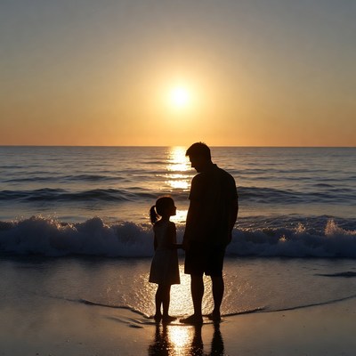 Father and daughter silhouette at sunset beach