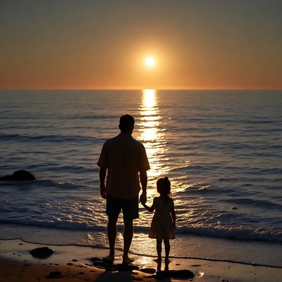 Father and daughter silhouette at sunset beach