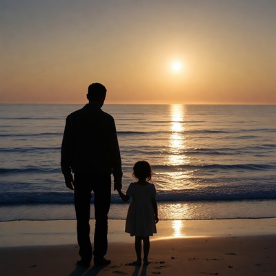 Father and daughter silhouette at sunset beach