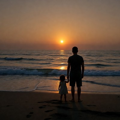 Father and daughter at sunset beach