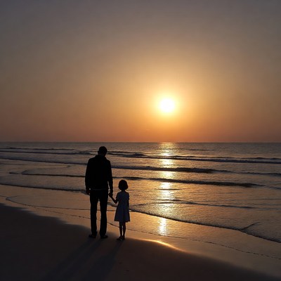 Father and daughter at sunset beach