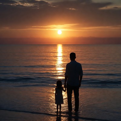 Father and daughter silhouette at sunset beach