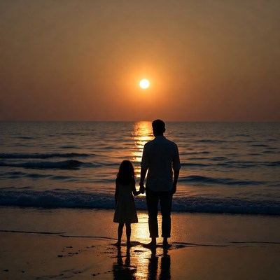 Father and daughter silhouette at sunset beach